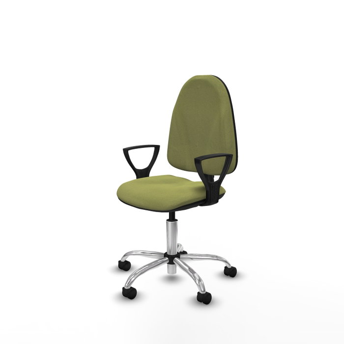 Chaise de bureau Algarra avec mécanisme de contact permanent de base, rembourrée de tissu vert olive. Équipée d'une base chromée, d'accoudoirs fixes et de roulettes en nylon de 50 mm.