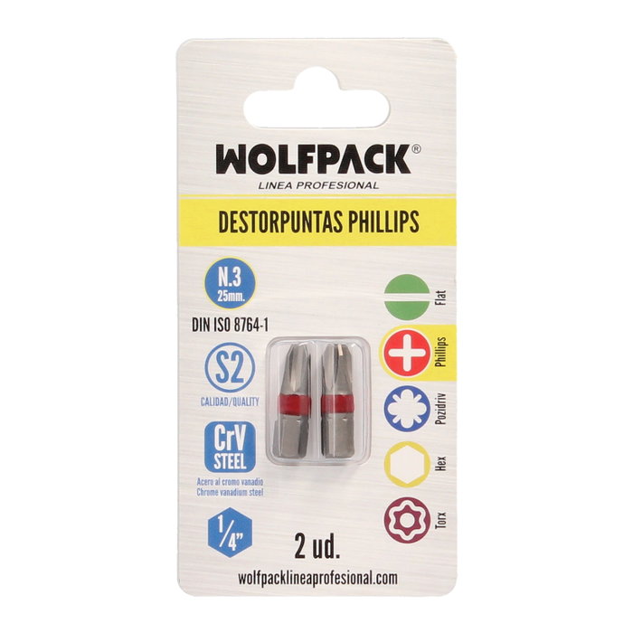 WOLFPACK LINEA PROFESIONAL Embout pour vis Maurer Phillips nº 3 (2 unités) WOLFPACK LINEA PROFESIONAL Embout pour vis Maurer Phillips nº 3 (2 unités)