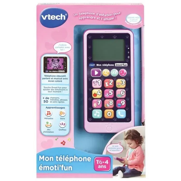 Vtech Téléphone Jouet Éducatif Emoti'Fun - 12 Touches Lumineuses et Tactiles, Écran Rétroéclairé - Pour Enfant à Partir de 18 Mois - Rose