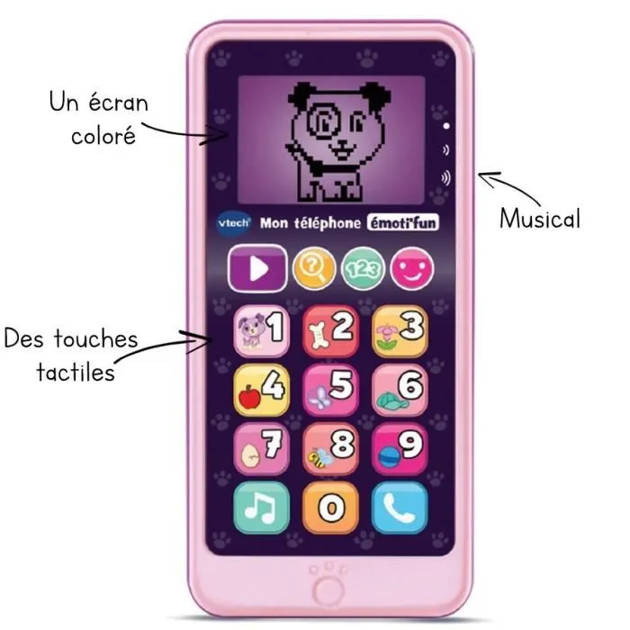 Vtech Téléphone Jouet Éducatif Emoti'Fun - 12 Touches Lumineuses et Tactiles, Écran Rétroéclairé - Pour Enfant à Partir de 18 Mois - Rose