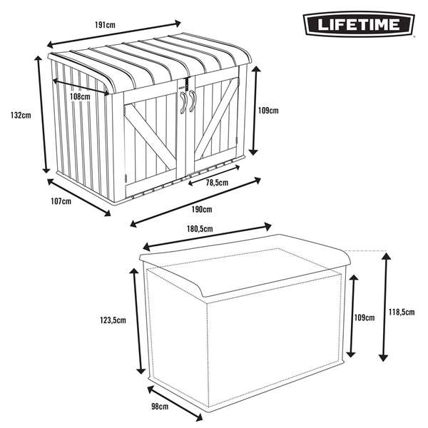 Color Baby - Armario exterior horizontal Lifetime 190x106x131 cm - Armoire de rangement extérieure horizontale en plastique et acier pour jardin