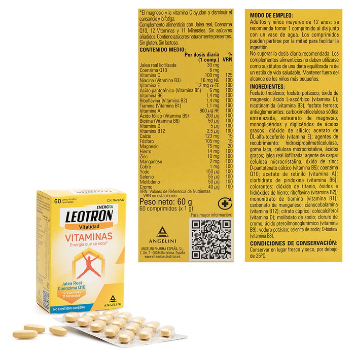 Leotron Vitamines 60 comprimés - Supplément nutritionnel avec gelée royale, CoQ10, 12 vitamines et 11 minéraux pour lutter contre la fatigue