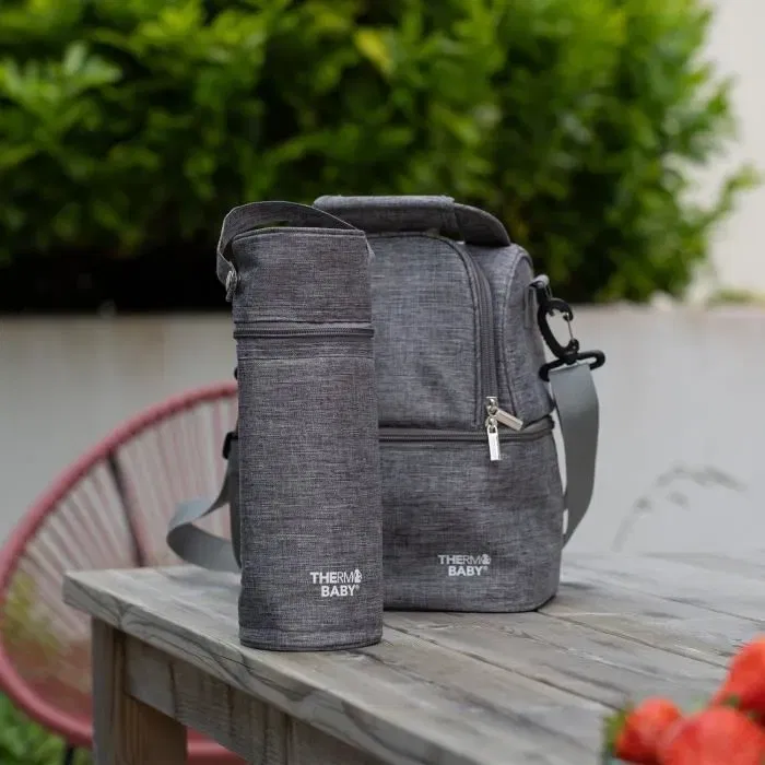 Thermobaby Porte-biberon Isotherme 1 Litre Gris Chiné pour Déplacements avec Poignée de Transport