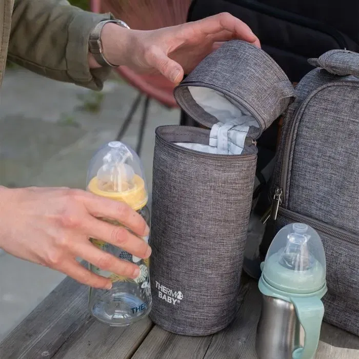 Thermobaby Porte-biberon Isotherme 1 Litre Gris Chiné pour Déplacements avec Poignée de Transport