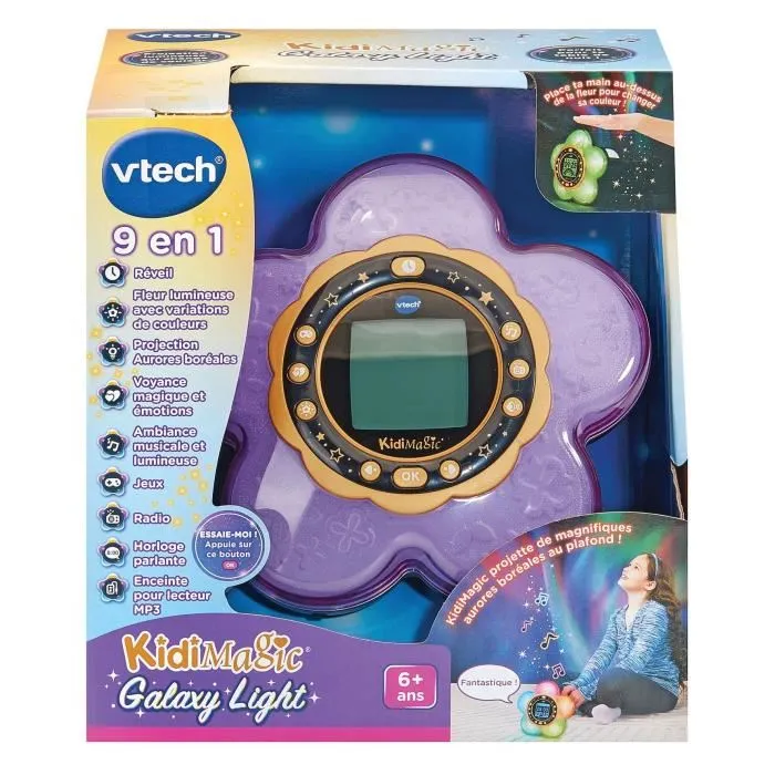 VTech KidiMagic Galaxy Light Violet - Radio-Réveil magique parlant, lampe de projection d'aurores boréales pour enfant, détecteur de mouvement, jeux d'activités, langue française
