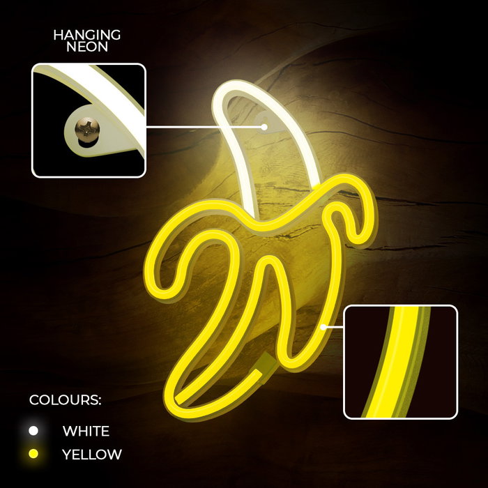 Forever Lampe Néon LED Banana Blanc/Jaune avec Pied pour Suspension Murale — Alimentation USB ou Piles