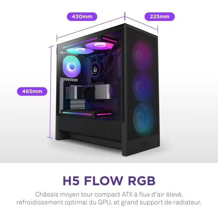 Nzxt H5 Flow RGB CC-H52FB-R1 - Boîtier PC moyen-tour ATX avec ventilateurs RGB inclus, mesh optimisé et gestion des câbles - Noir
