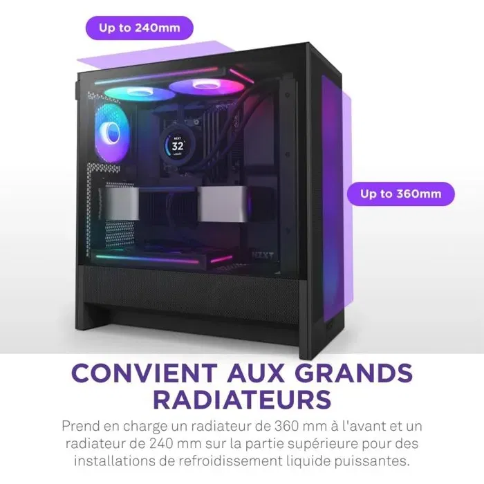 Nzxt H5 Flow RGB CC-H52FB-R1 - Boîtier PC moyen-tour ATX avec ventilateurs RGB inclus, mesh optimisé et gestion des câbles - Noir