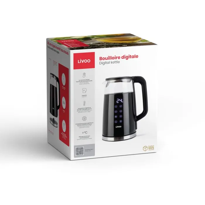Livoo Bouilloire électrique Digitale DOD198 - 2200 W - 1,7 L - Verre transparent - Panneau tactile - Réglage précis de la Température (40-100 °C) - Maintien au chaud