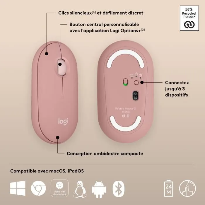 Logitech Pebble Mouse 2 M350s - Souris sans fil Bluetooth multidispositif - Rose Logitech Pebble Mouse 2 M350s - Souris sans fil Bluetooth multidispositif - Rose