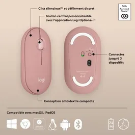 Logitech Pebble Mouse 2 M350s - Souris sans fil Bluetooth multidispositif - Rose