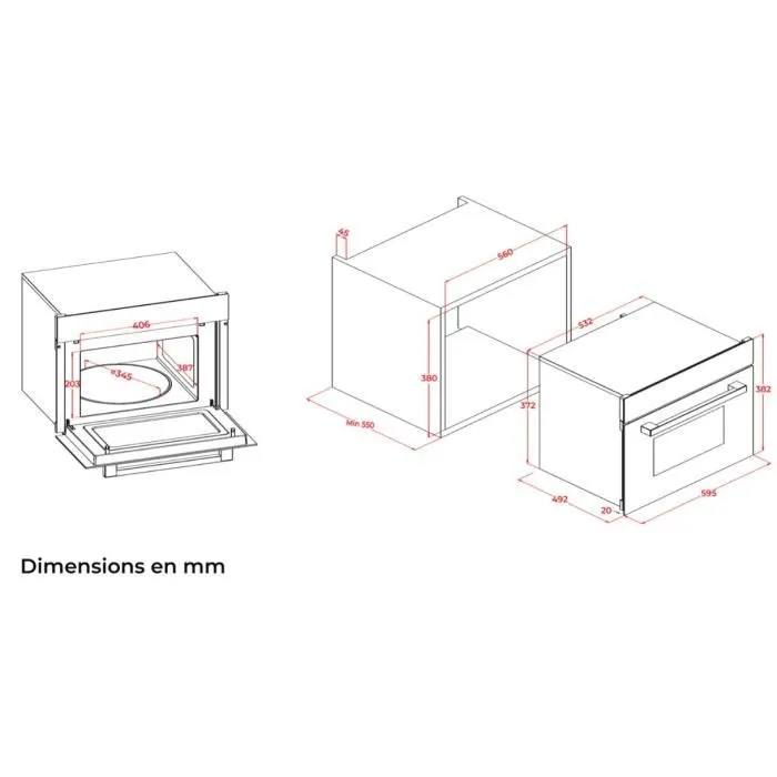 Continental Edison CEMO34CEB3 Four à Micro-Ondes Encastrable Combiné Gril et Convection, 34 L, 1450 W, Noir (59,5 x 38,3 x 49,2 cm)