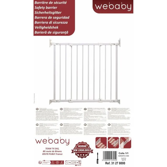 WEBABY - Barrière de sécurité bébé extensible en acier Blanc, Réf. NONO, 108 x 4 x 75 cm (s'adapte de 72 à 108 cm)