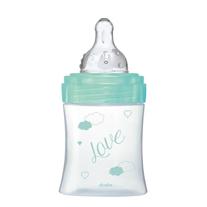 Dodie Biberon Initiation+ Verre 150ml, Décors Vert Oiseaux, avec Système Anti-Colique Intégré et Tétine Ronde 3 Vitesses Débit Lent, pour Bébé dès la Naissance