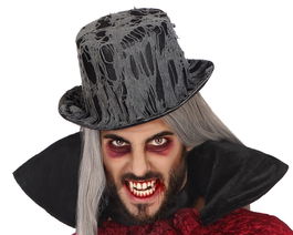 Chapeau Haut-de-Forme Gris avec Effet Toile d'Araignée pour Déguisement de Vampire