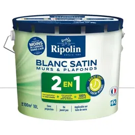 RIPOLIN Peinture pour murs et plafonds intérieurs, sous-couche intégrée, finition satinée, Blanc - 10 Litres - Fabrication Française
