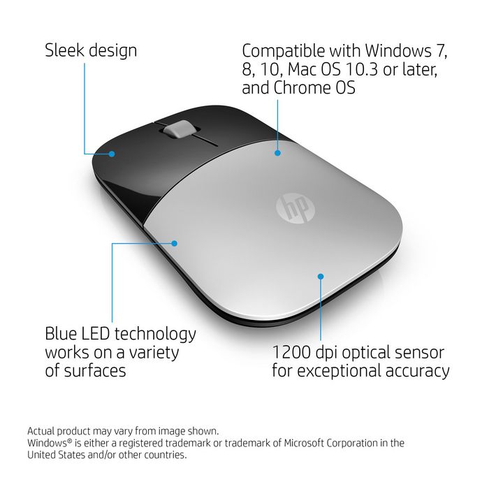HP Souris sans fil Z3700 - 1200 dpi, connexion 2.4 GHz, capteur optique, autonomie 16 mois, pile AA incluse, pour Windows et Mac