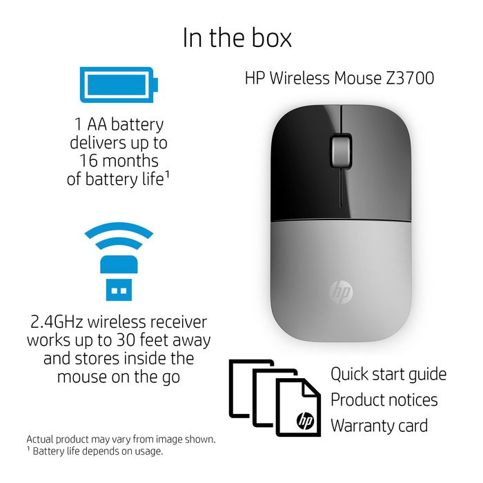 HP Souris sans fil Z3700 - 1200 dpi, connexion 2.4 GHz, capteur optique, autonomie 16 mois, pile AA incluse, pour Windows et Mac
