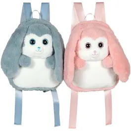 Gipsy Toys Fluffy Bag - Sac à dos peluche lapin bleu et blanc 30 cm, idéal pour l'école et les sorties, bretelles réglables