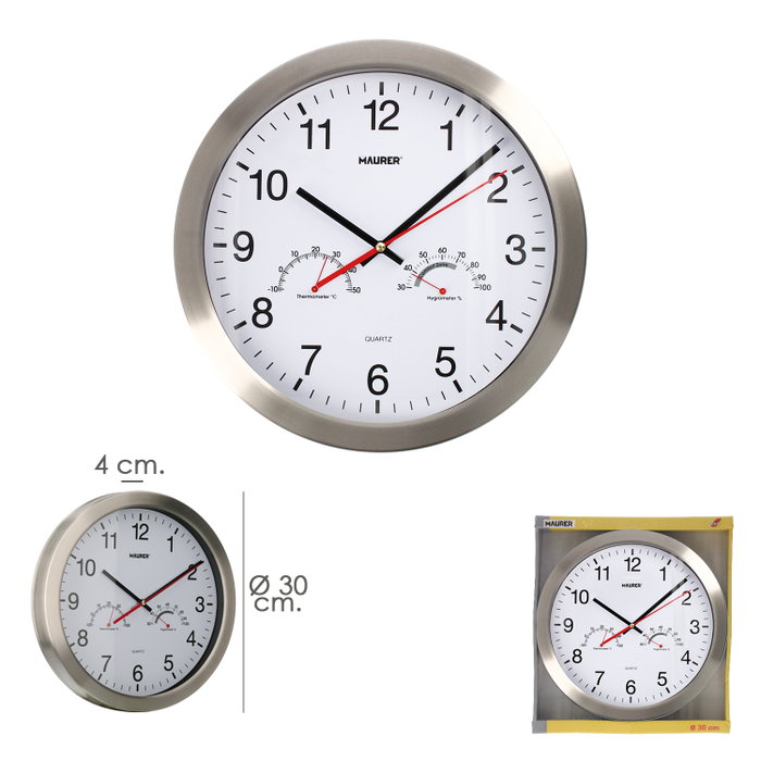 MAURER Horloge murale analogique en acier avec thermomètre et hygromètre Ø 30 cm