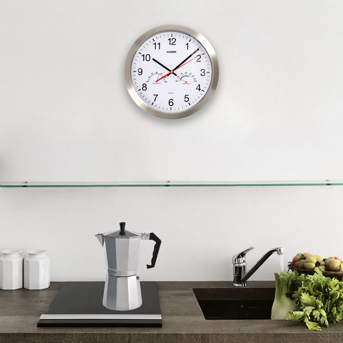 MAURER Horloge murale analogique en acier avec thermomètre et hygromètre Ø 30 cm