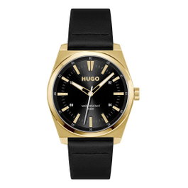 HUGO BOSS 1530438 avec boîtier doré et bracelet en cuir noir