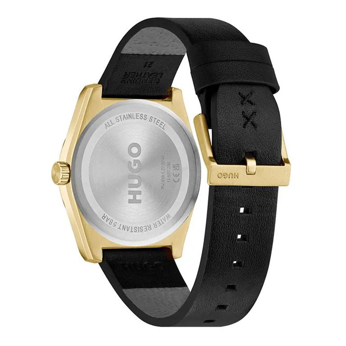 HUGO BOSS 1530438 avec boîtier doré et bracelet en cuir noir