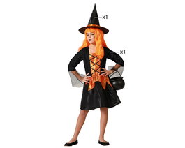 Déguisement Enfant Sorcière avec Robe Courte Orange et Chapeau Pointu - Pour Halloween et Fêtes - Fille 5-6 Ans - Tissu Polyester