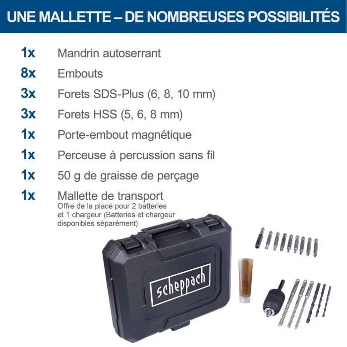 Scheppach C-RHD130-X Perforateur sans fil 20V SDS-Plus 1,3J 6000 bpm avec forets, accessoires et malette - sans batterie ni chargeur Scheppach C-RHD130-X Perforateur sans fil 20V SDS-Plus 1,3J 6000 bpm avec forets, accessoires et malette - sans batterie ni chargeur