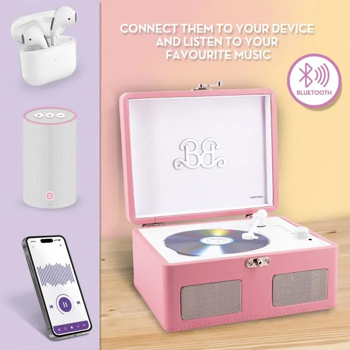 Liscianigiochi - Lecteur CD portable vintage Barbie - Enceinte Bluetooth avec haut-parleurs stéréo - Ports USB, AUX, TF - Rose - Pour enfants dès 12 ans
