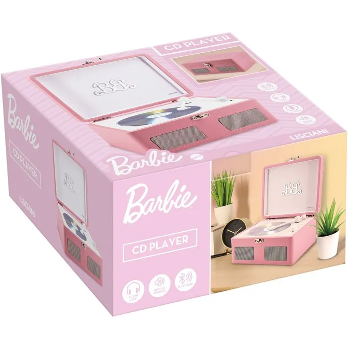 Liscianigiochi - Lecteur CD portable vintage Barbie - Enceinte Bluetooth avec haut-parleurs stéréo - Ports USB, AUX, TF - Rose - Pour enfants dès 12 ans