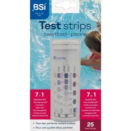 BSI - Bandelettes de test pour piscine et spa - 7 en 1 - Mesure alcalinité, pH, cuivre, chlore, oxygène actif, dureté calcique, acide cyanurique - Lot de 25 bandelettes