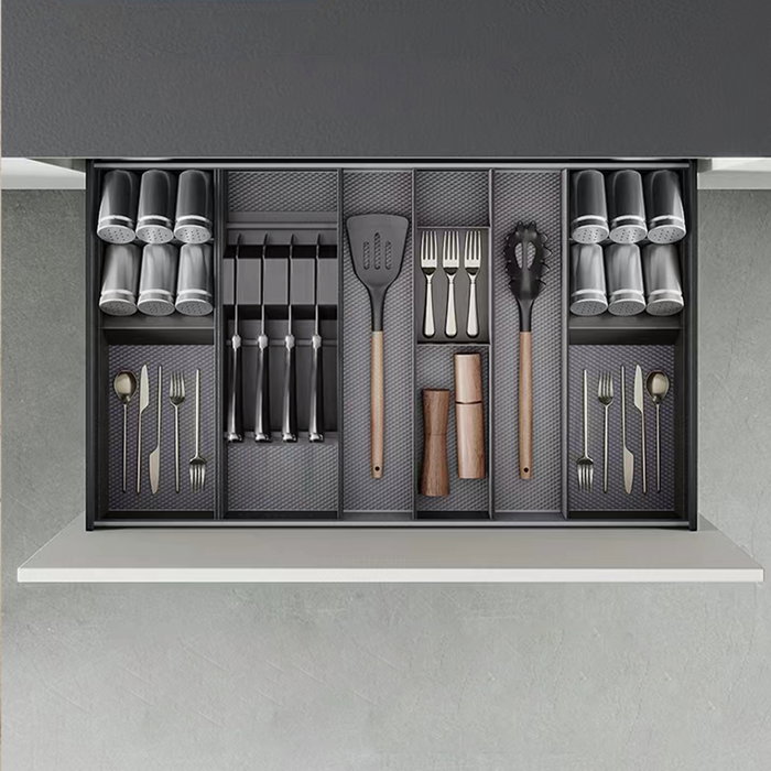 Emuca Orderbox Porte-couteau pour tiroir, 150x470mm, Acier et Bois, Gris antracite