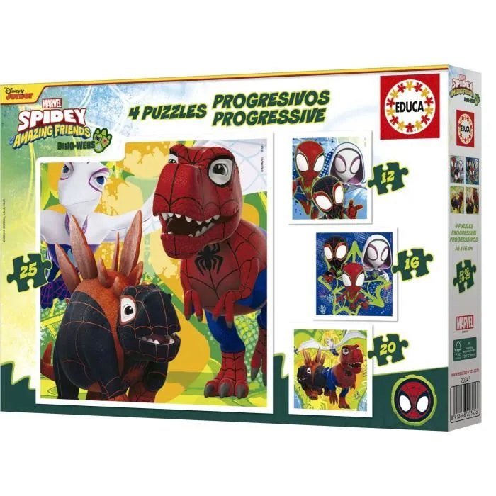 Educa Puzzles Progressifs pour Enfants - Dino Spidey - 4 Puzzles EDUCA de 12, 16, 20 et 25 Pièces - Puzzle Éducatif à Partir de 3 Ans