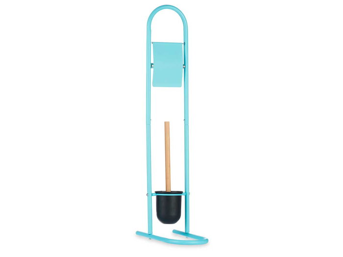 BERILO Ensemble porte-rouleau et brosse en métal et bambou bleu