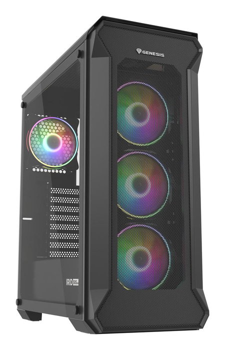 Genesis Irid 505 Boîtier PC Gaming Midi Tower Noir Verre Trempé 4 Ventilateurs ARGB 120mm
