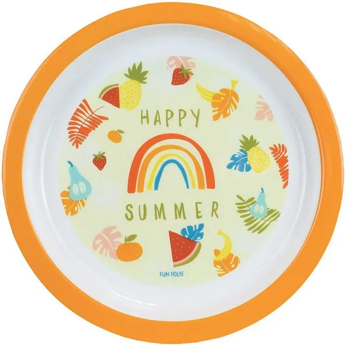 Fun House Lot de Vaisselle Les Amis Fruits - Verre 220 ml, Assiette Creuse Ø16 cm, Assiette Plate Ø22 cm, Couverts Enfant, Peluche Lama 27 cm
