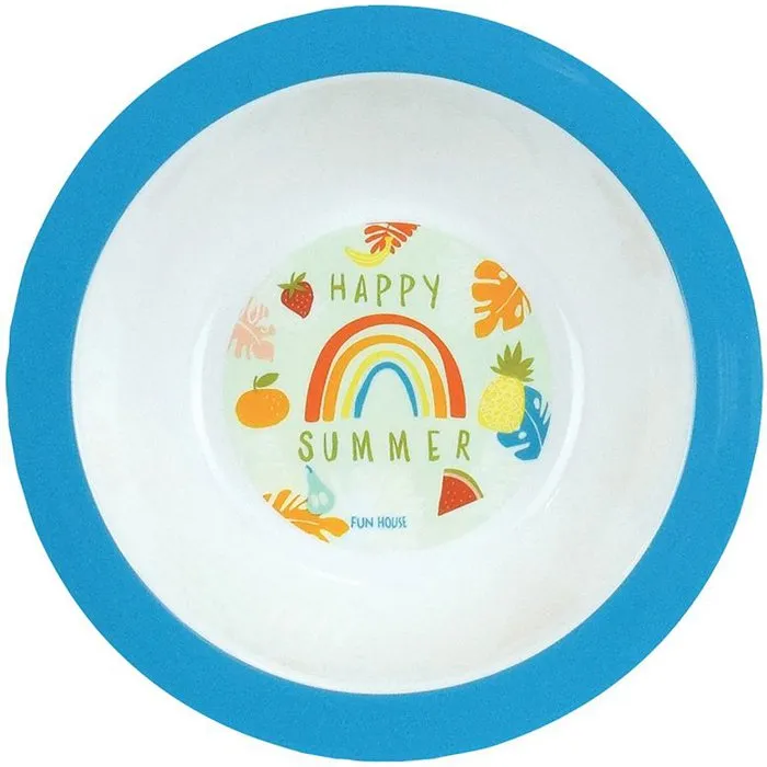 Fun House Lot de Vaisselle Les Amis Fruits - Verre 220 ml, Assiette Creuse Ø16 cm, Assiette Plate Ø22 cm, Couverts Enfant, Peluche Lama 27 cm