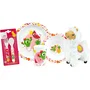 Fun House Lot de Vaisselle Les Amis Fruits - Verre 220 ml, Assiette Creuse Ø16 cm, Assiette Plate Ø22 cm, Couverts Enfant, Peluche Lama 27 cm