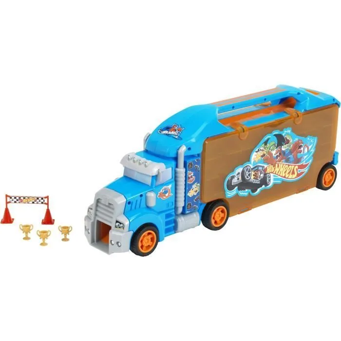 KLEIN 2474 - Grand camion de transport pour voitures miniatures Hot Wheels avec rampe et accessoires - Mallette de rangement avec 26 compartiments - Jouet pour enfants dès 3 ans