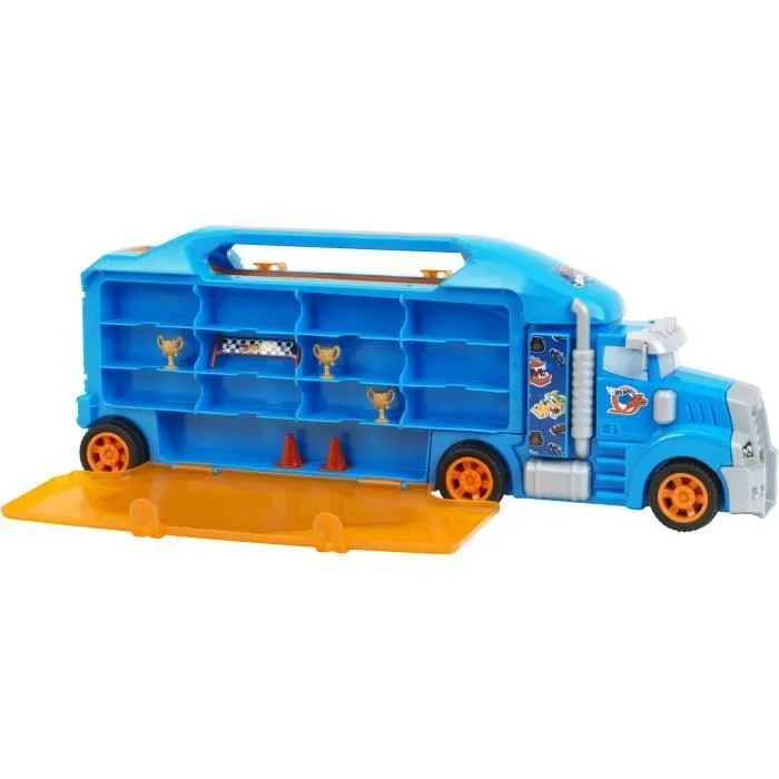KLEIN 2474 - Grand camion de transport pour voitures miniatures Hot Wheels avec rampe et accessoires - Mallette de rangement avec 26 compartiments - Jouet pour enfants dès 3 ans