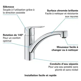 GROHE Robinet de cuisine QUICKFIX Start 30530002, rotation 140°, bec pivotant, chromé, avec flexibles 3/8" et accessoires d'installation
