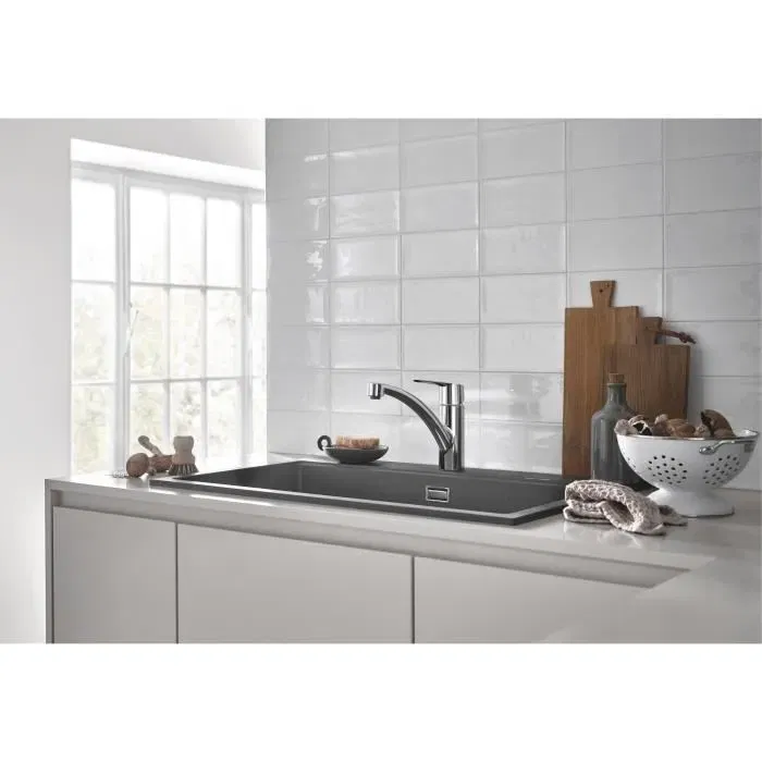 GROHE Robinet de cuisine QUICKFIX Start 30530002, rotation 140°, bec pivotant, chromé, avec flexibles 3/8" et accessoires d'installation