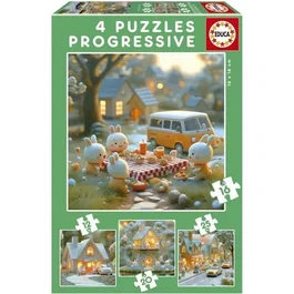 Educa Puzzles Progressifs La Ville des Lapins - Coffret 4 Puzzles de 12 à 25 Pièces - Pour Enfants à Partir de 3 Ans