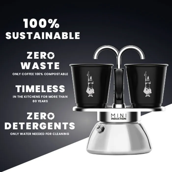 Bialetti Cafetière italienne Moka Mini-Induction 100 ml avec 2 tasses en inox noir - Pour plaque à induction