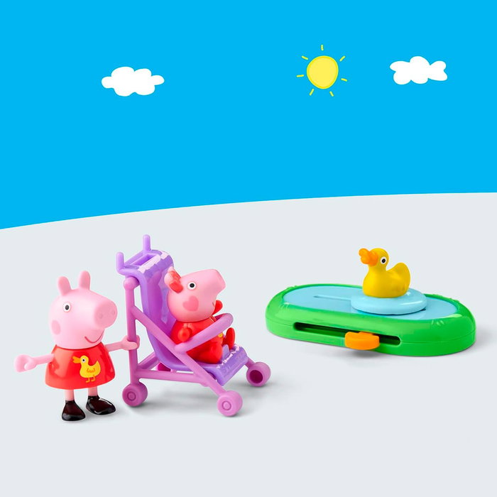 Hasbro Peppa Pig - Set de figurines Peppa et Evie au parc avec accessoires (charrette, étang, canard coulissant) - Figues articulées pour enfants dès 3 ans - Réf. G0528