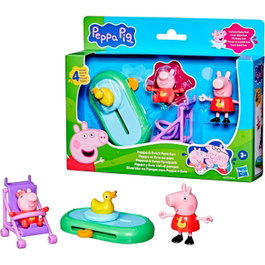 Hasbro Peppa Pig - Set de figurines Peppa et Evie au parc avec accessoires (charrette, étang, canard coulissant) - Figues articulées pour enfants dès 3 ans - Réf. G0528