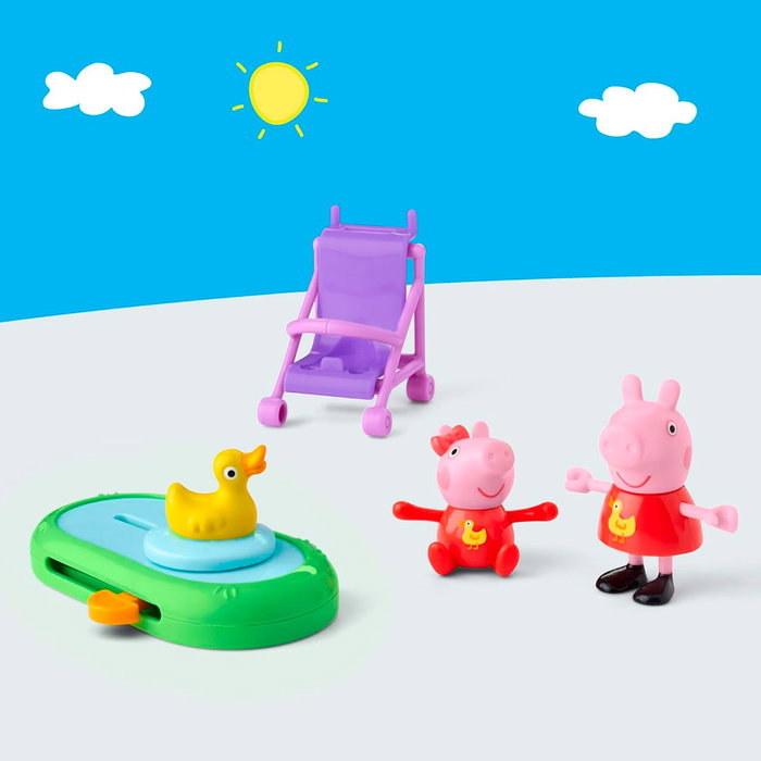 Hasbro Peppa Pig - Set de figurines Peppa et Evie au parc avec accessoires (charrette, étang, canard coulissant) - Figues articulées pour enfants dès 3 ans - Réf. G0528