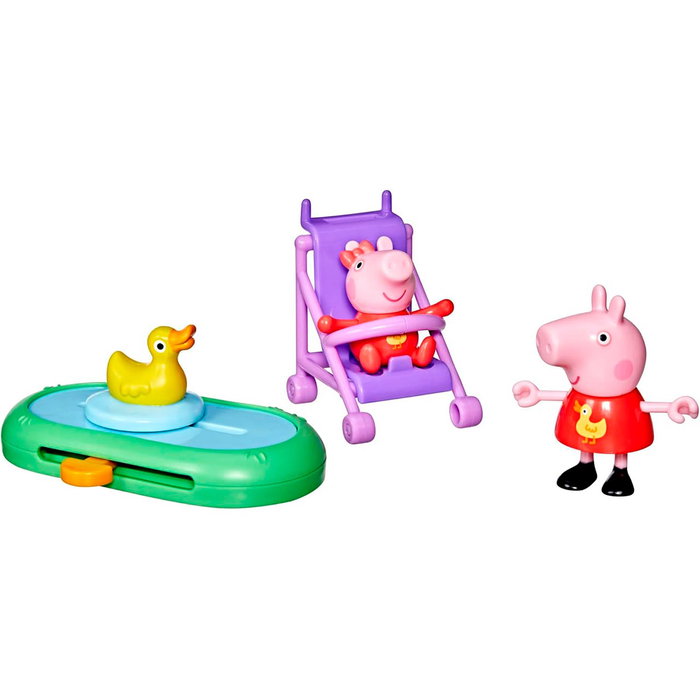 Hasbro Peppa Pig - Set de figurines Peppa et Evie au parc avec accessoires (charrette, étang, canard coulissant) - Figues articulées pour enfants dès 3 ans - Réf. G0528