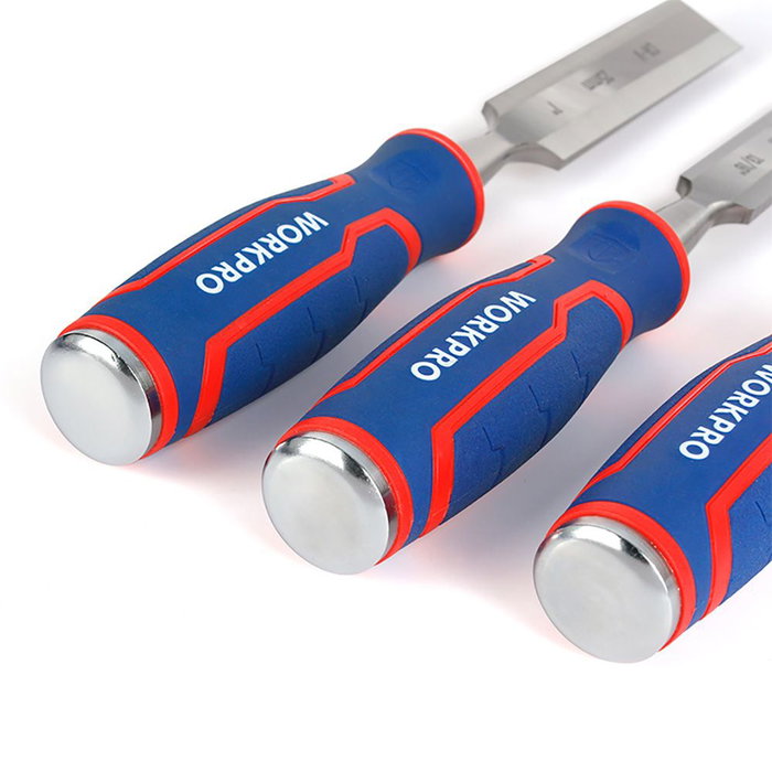 Workpro Jeu de 3 ciseaux à bois, lames acier chrome-vanadium, 12/20/25 x 267 mm, ergonomique rouge et bleu